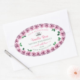 ピンクブルーミングバラロゴ付き白い製品ラベル 楕円形シール