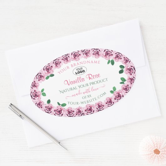 ピンクブルーミングバラロゴ付き白い製品ラベル 楕円形シール (封筒)