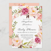 ピンクブルーミング赤面フローラパーティーまたはベビーシャワー 招待状 (正面/裏面)