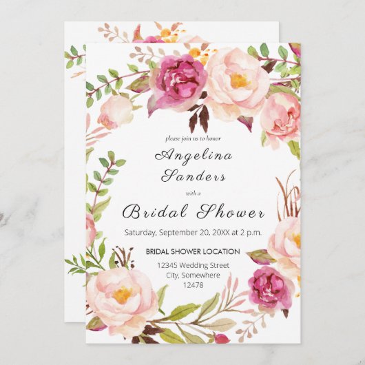 ピンクブルーミング赤面フローラブライダルシャワー2 招待状 (正面/裏面)