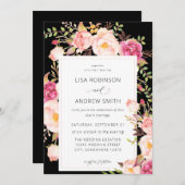 ピンクブルーミング赤面結婚フローラのV3ブラック 招待状 (正面/裏面)