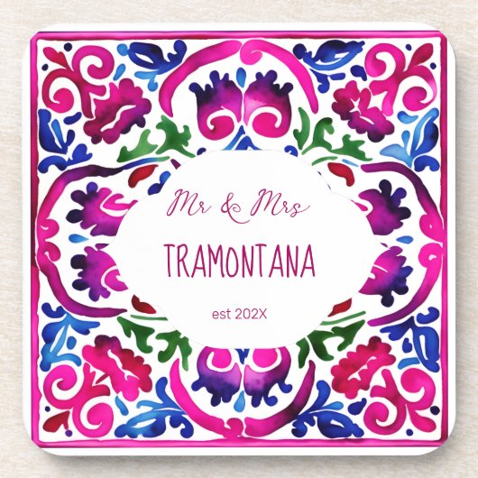 ピンクブルーメキシカンタイルブライダルシャワー結婚式の引き出物 コースター (正面)