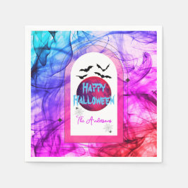 ピンクブルーモダンタイポグラフィムーンハッピーハローウィン スタンダードカクテルナプキン
