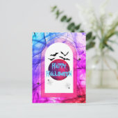 ピンクブルーモダンユニーク不気味ハッピーハローウィン シーズンポストカード (スタンド正面)