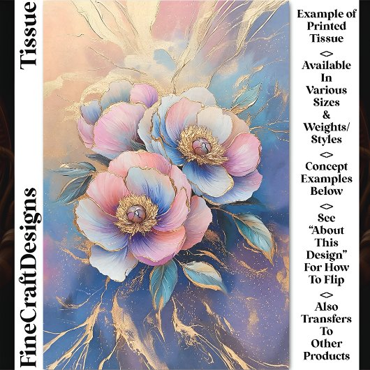 ピンクブルーラベンダー&金ゴールド牡丹CT4デコページ 薄葉紙