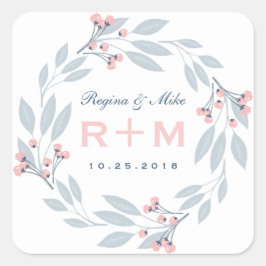 ピンクブルーリーフフローラリース結婚式の引き出物シール スクエアシール