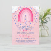 ピンクブルーレインボーレインドロップクラウドバルーン誕生日 招待状 (スタンド正面)