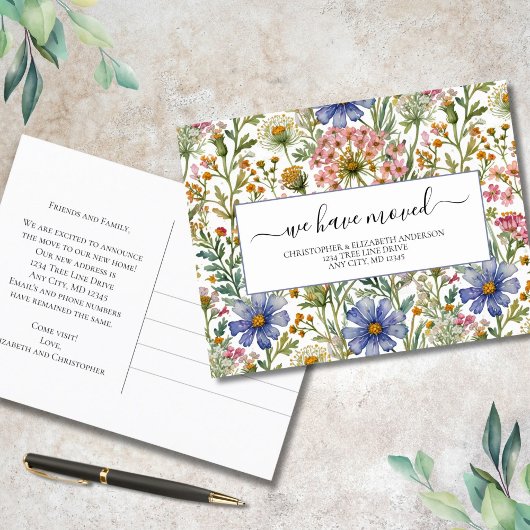 ピンクブルーワイルドフラワーズコテージコアムービング 案内ポストカード