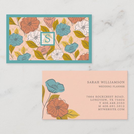 ピンクブルーヴィンテージ抽象芸術ワイルドフラワーフローラリーフ 名刺 (正面/裏面)