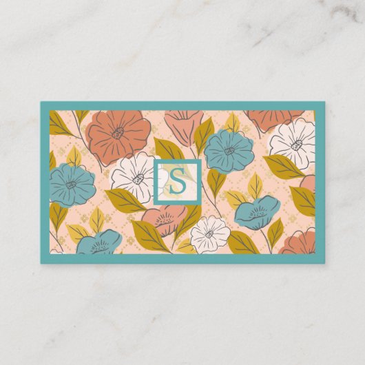 ピンクブルーヴィンテージ抽象芸術ワイルドフラワーフローラリーフ 名刺 (正面)