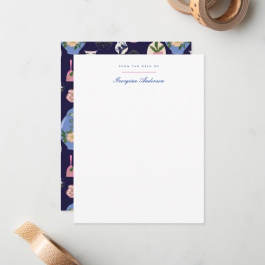 ピンクブルーヴィンテージ花瓶個人文房具 ノートカード (正面/裏面インサイチュ)