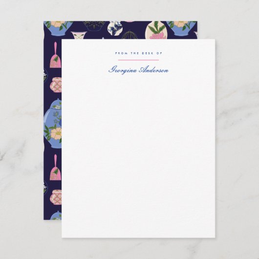 ピンクブルーヴィンテージ花瓶個人文房具 ノートカード (正面/裏面)