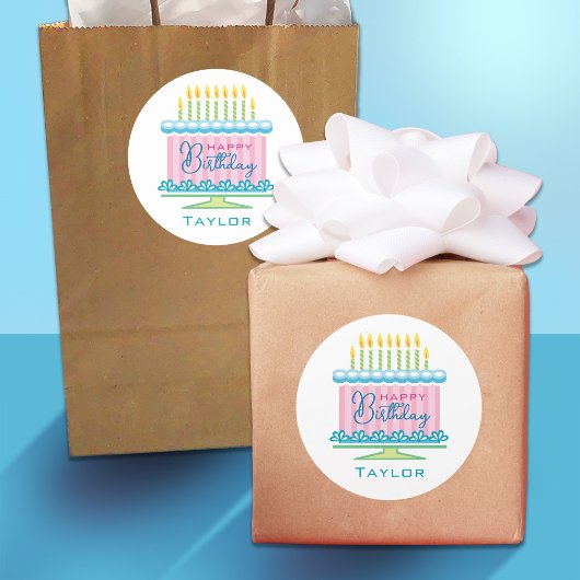 ピンクブルー名お誕生日ケーキシール ラウンドシール