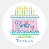 ピンクブルー名お誕生日ケーキシール ラウンドシール (正面)