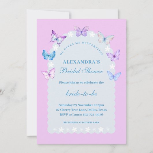 ピンクブルー彼は私与えの蝶ブライダルシャワー 招待状 (正面)