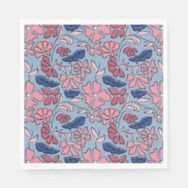 ピンクブルー手描きフローラブロックプリント スタンダードランチョンナプキン