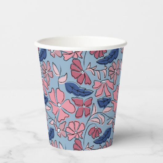 ピンクブルー手描きフローラブロックプリント 紙コップ (正面)