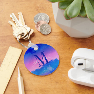 ピンクブルー抽象芸術サンセット海 パーソナライズされた キーホルダー