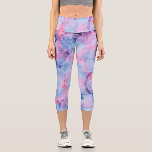 ピンクブルー抽象芸術ブラシストロークデザイン カプリレギンス (正面)