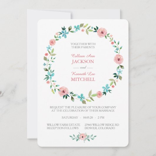 ピンクブルー春フローラリース結婚式招待状 招待状 (正面)