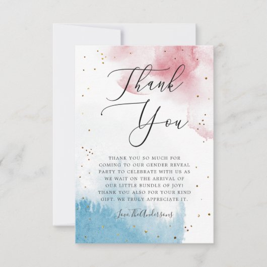 ピンクブルー水彩洗浄性別表示パーティー サンキューカード (正面)