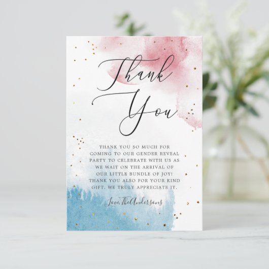 ピンクブルー水彩洗浄性別表示パーティー サンキューカード (スタンド正面)