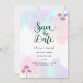 ピンクブルー水彩結婚式の日付を保存 招待状 (正面)