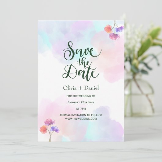 ピンクブルー水彩結婚式の日付を保存 招待状 (スタンド正面)