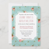 ピンクブルー水玉模様結婚フローラ 招待状 (正面)