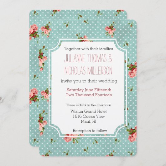 ピンクブルー水玉模様結婚フローラ 招待状 (正面/裏面)