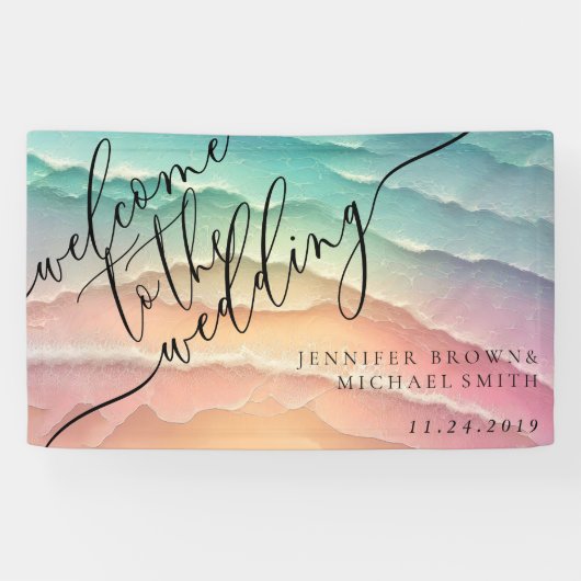 ピンクブルー海ビーチサマーパーティー歓迎結婚 横断幕 (横)