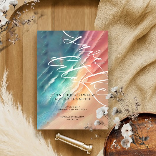 ピンクブルー海ビーチ水彩エレガント夏 セーブザデート