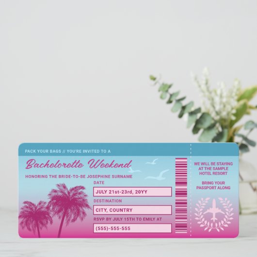 ピンクブルー熱帯バチェロレッテ旅行搭乗券 招待状 (スタンド正面)