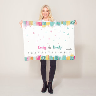 ピンクブルー男の赤ちゃんガールツインズマイルストーン フリースブランケット