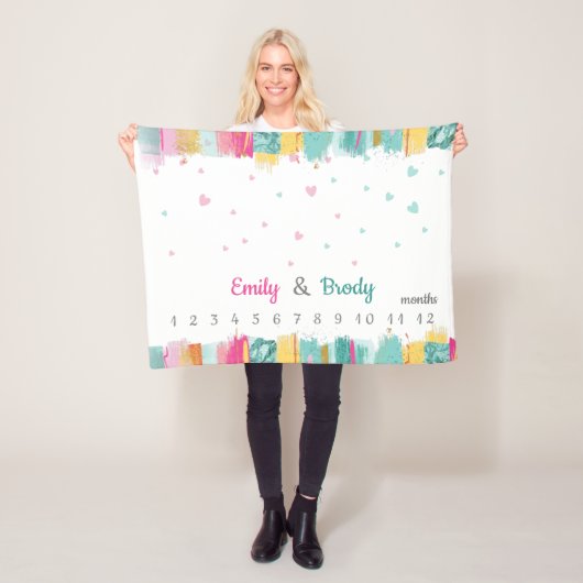 ピンクブルー男の赤ちゃんガールツインズマイルストーン フリースブランケット (インサイチュ)