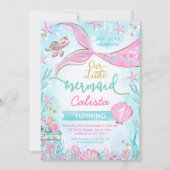 ピンクブルー私お洒落たちのリトルマーメイド誕生日 招待状 (正面)