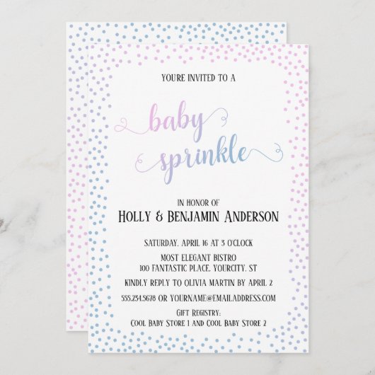 ピンクブルー紙吹雪タイポグラフィベビー散布 招待状 (正面/裏面)