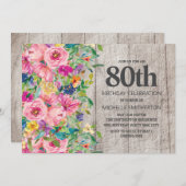 ピンクブルー素朴フローラウッド80thバースデーパーティー 招待状 (正面/裏面)