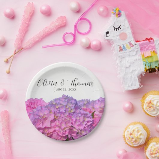 ピンクブルー花模様アジサイエレガント花 ペーパープレート (パーティー)