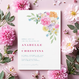 ピンクブルー薄紫水色鮮やかフローラ結婚 招待状