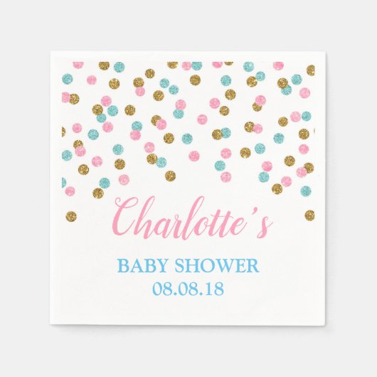 ピンクブルー金ゴールドドット赤ちゃんシャワーナプキン スタンダードカクテルナプキン (正面)