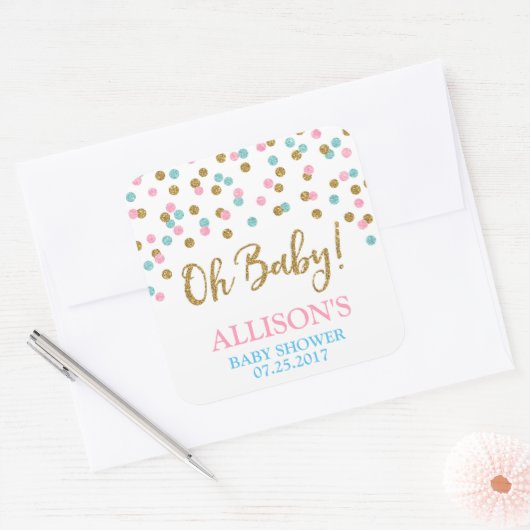ピンクブルー金ゴールドドット赤ちゃんシャワーメッセージカード スクエアシール (封筒)