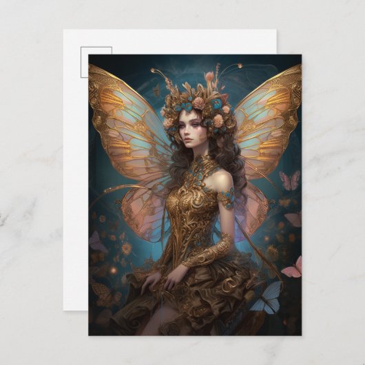 ピンクブルー金ゴールドフェアリーファンタジーアート ポストカード (正面/裏面)