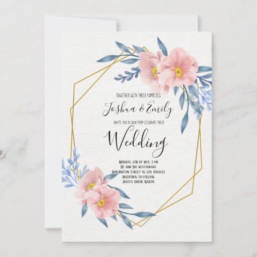ピンクブルー金ゴールドフローラ赤面幾何結婚の 招待状 (正面)