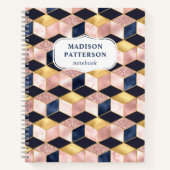 ピンクブルー金ゴールド幾何学的グリッターパターン名 ノートブック (正面)