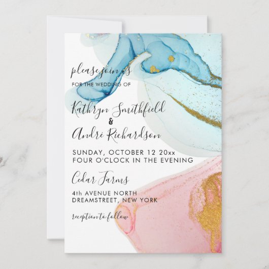 ピンクブルー金ゴールド水彩結婚式招待状 招待状 (正面)