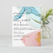 ピンクブルー金ゴールド水彩結婚式招待状 招待状 (スタンド正面)