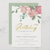 ピンクブルー金ゴールド牡丹フローラ任意の年齢誕生日 招待状 (正面/裏面)