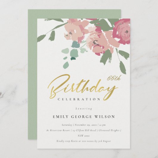 ピンクブルー金ゴールド牡丹フローラ任意の年齢誕生日 招待状 (正面/裏面)