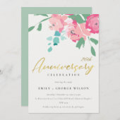 ピンクブルー金ゴールド牡丹フローラ毎年1周年記念 招待状 (正面/裏面)